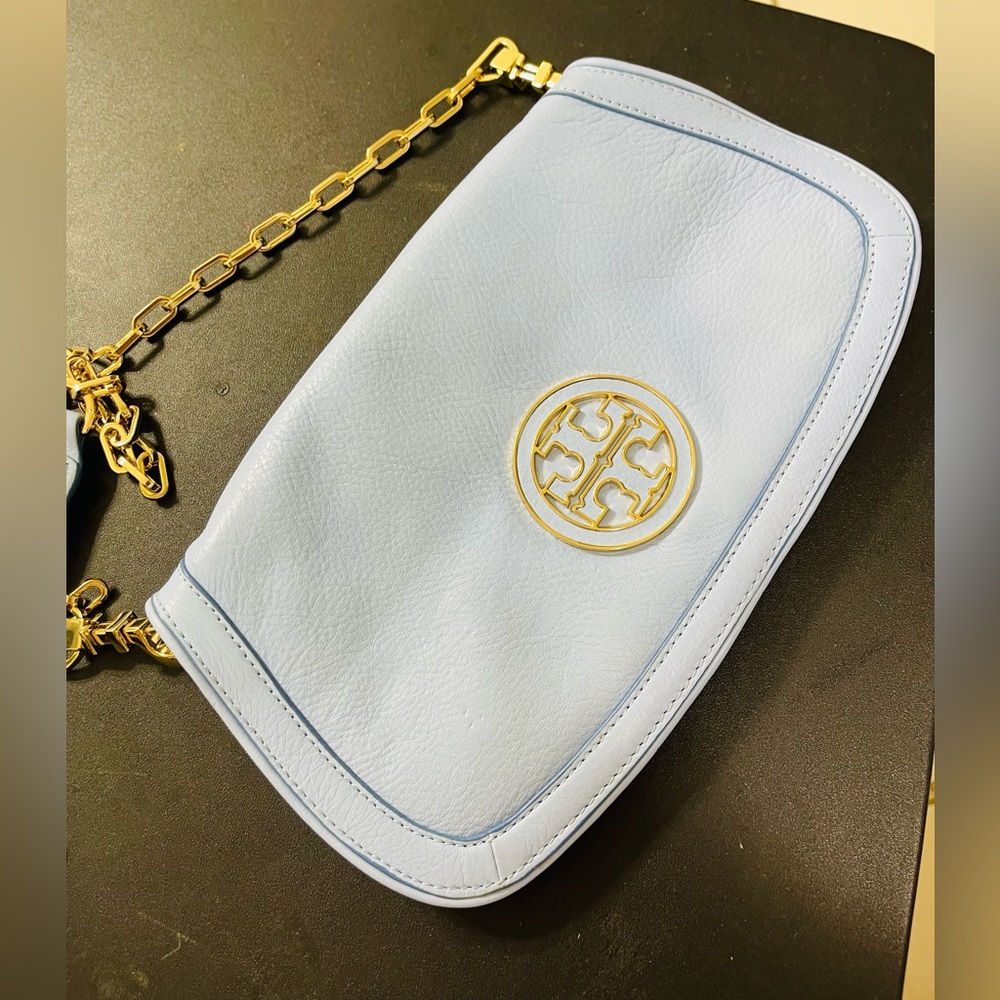 Tory burch crossbody flap bag light blue.